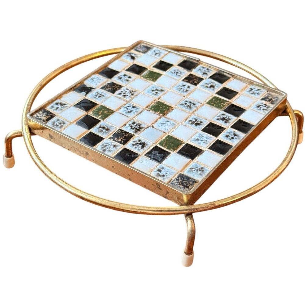 Vintage MCM Mosaic Tile Trivet Black, White & Gold Checkerboard Brass Hot Plate